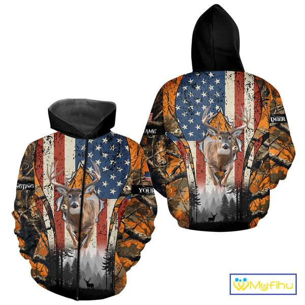 Whitetail Deer Hunting Big Game US Flag Custom Name Orange Camo Shirts, Personalized Deer Hunting Clothing NBT265