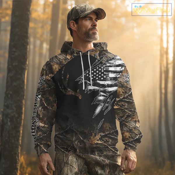 Whitetail Deer Hunting Shirts Personalized Black US Flag Camouflage, Best Gifts for Hunters NBT275