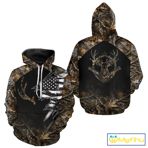 Whitetail Deer Hunting Shirts Personalized Black US Flag Camouflage, Best Gifts for Hunters NBT275