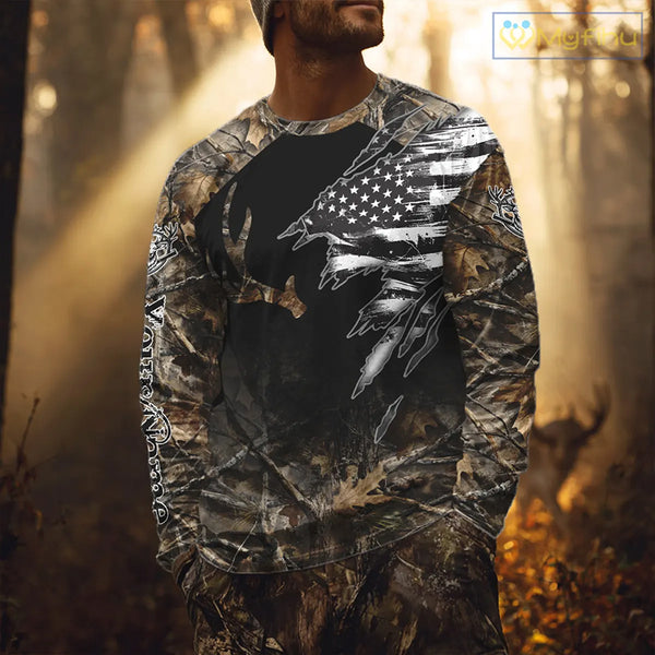 Whitetail Deer Hunting Shirts Personalized Black US Flag Camouflage, Best Gifts for Hunters NBT275