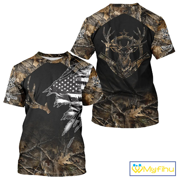 Whitetail Deer Hunting Shirts Personalized Black US Flag Camouflage, Best Gifts for Hunters NBT275