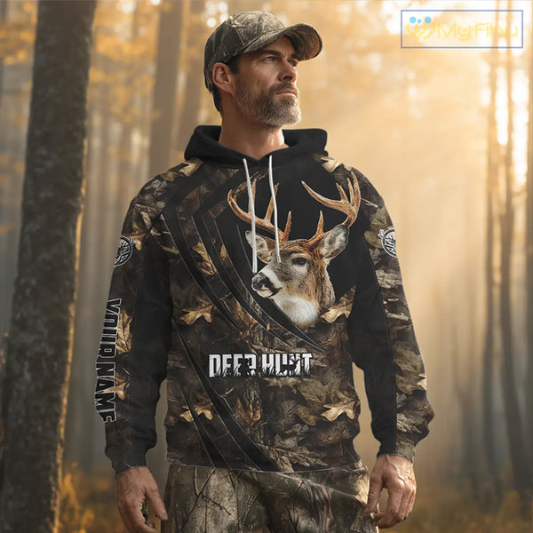 Personalized Whitetail Deer Hunting 3D All Over Printed Hoodie Brown Autumn Leaves Camo NBT276