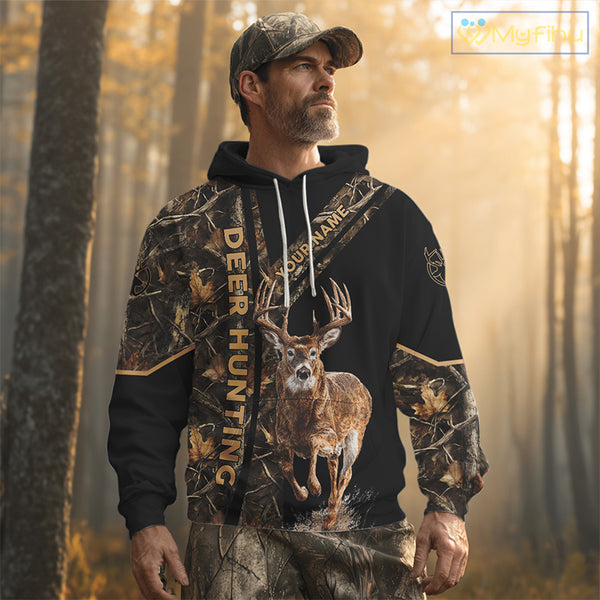 Personalized Whitetail Deer Hunting 3D All Over Printed Hoodie Brown Camouflage NBT250
