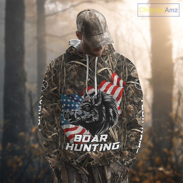 Custom Wild Boar Hunting Camo Full Printing US Flag Shirts Boar Hunting Gifts for Hunters NBT257