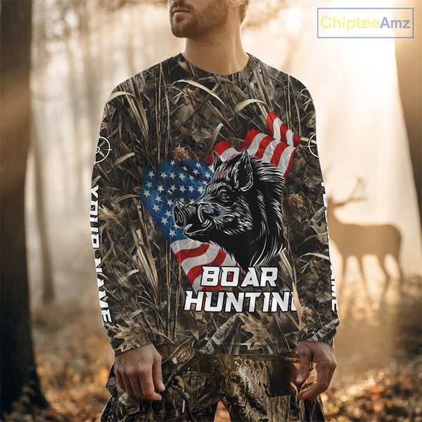 Custom Wild Boar Hunting Camo Full Printing US Flag Shirts Boar Hunting Gifts for Hunters NBT257