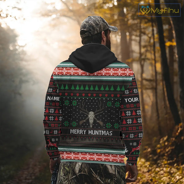 Merry Huntmas Deer Hunting Skull Custom Name Ugly Christmas All Over Printed Shirts, Christmas Gift NBT299