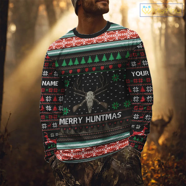 Merry Huntmas Deer Hunting Skull Custom Name Ugly Christmas All Over Printed Shirts, Christmas Gift NBT299