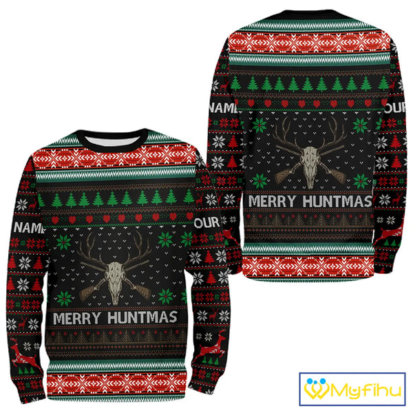 Merry Huntmas Deer Hunting Skull Custom Name Ugly Christmas All Over Printed Shirts, Christmas Gift NBT299