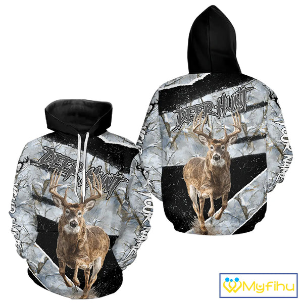Winter Whitetail Deer Camo Customize Name 3D Printed Long Sleeve Hunting Shirts for Men, Hunting Gifts NBT260