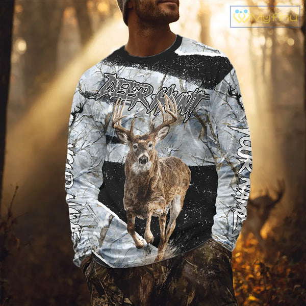 Winter Whitetail Deer Camo Customize Name 3D Printed Long Sleeve Hunting Shirts for Men, Hunting Gifts NBT260