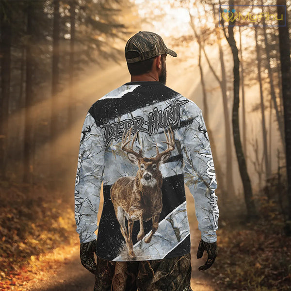 Winter Whitetail Deer Camo Customize Name 3D Printed Long Sleeve Hunting Shirts for Men, Hunting Gifts NBT260