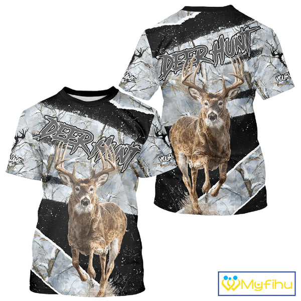 Winter Whitetail Deer Camo Customize Name 3D Printed Long Sleeve Hunting Shirts for Men, Hunting Gifts NBT260