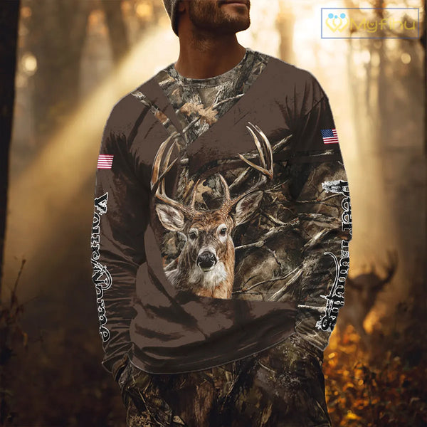 Deer Hunting Big Game Brown Camo US Flag Custom Name 3D All Over Print Shirts, Hunting Gifts NBT263