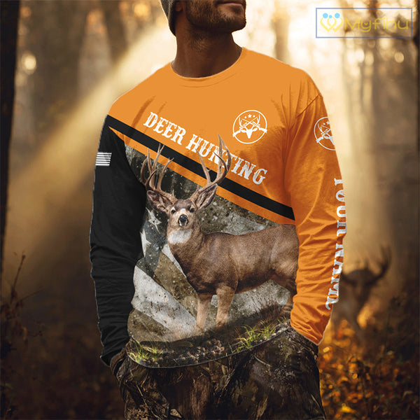 Deer Hunting Orange Camo American Flag 3D Shirt Custom Name Perfect Gift for Hunters NBT266