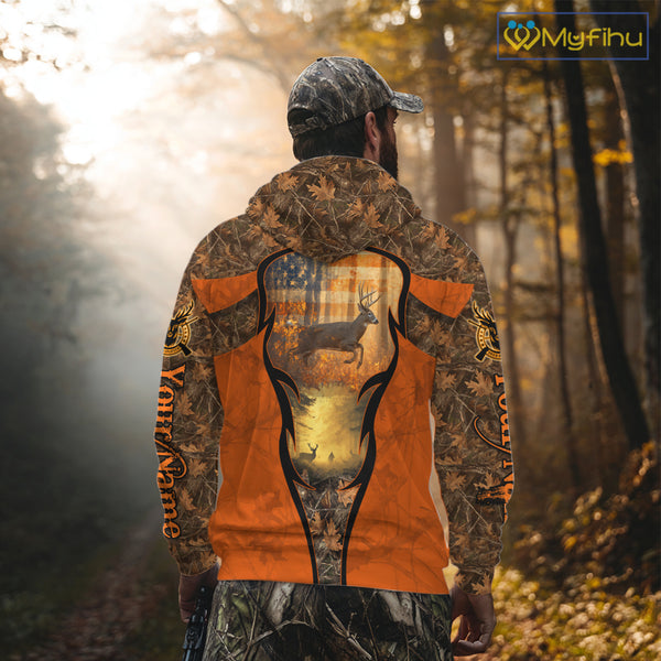 Deer Hunting Autumn Blaze Camo with American Flag Shirts for Men, Best Gift Ideas for Hunter NBT41