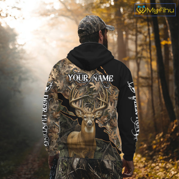 Whitetail Deer Hunting Hoodie, Longsleeves Shirt – Brown Camo Custom Name for Big Game Hunters NBT270