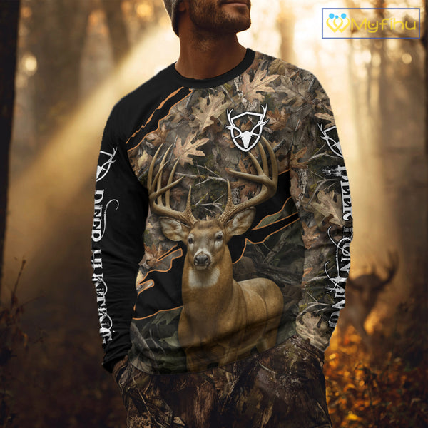 Whitetail Deer Hunting Hoodie, Longsleeves Shirt – Brown Camo Custom Name for Big Game Hunters NBT270