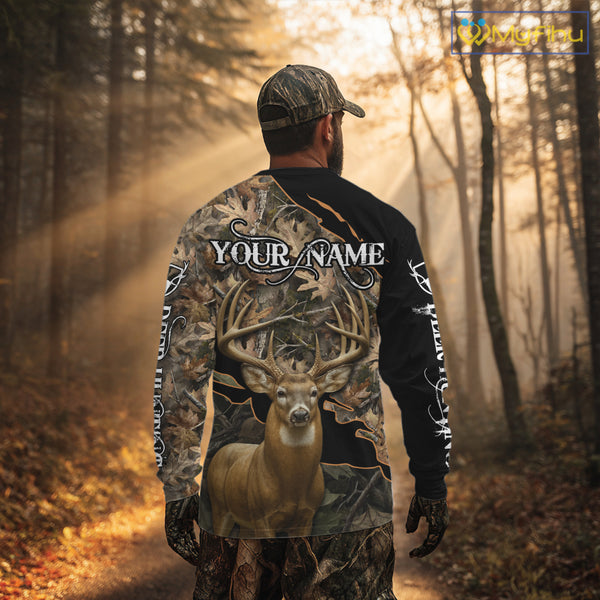Whitetail Deer Hunting Hoodie, Longsleeves Shirt – Brown Camo Custom Name for Big Game Hunters NBT270
