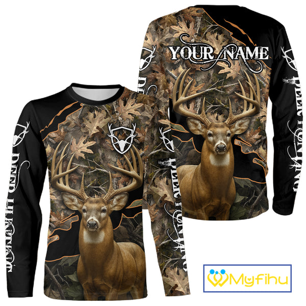 Whitetail Deer Hunting Hoodie, Longsleeves Shirt – Brown Camo Custom Name for Big Game Hunters NBT270