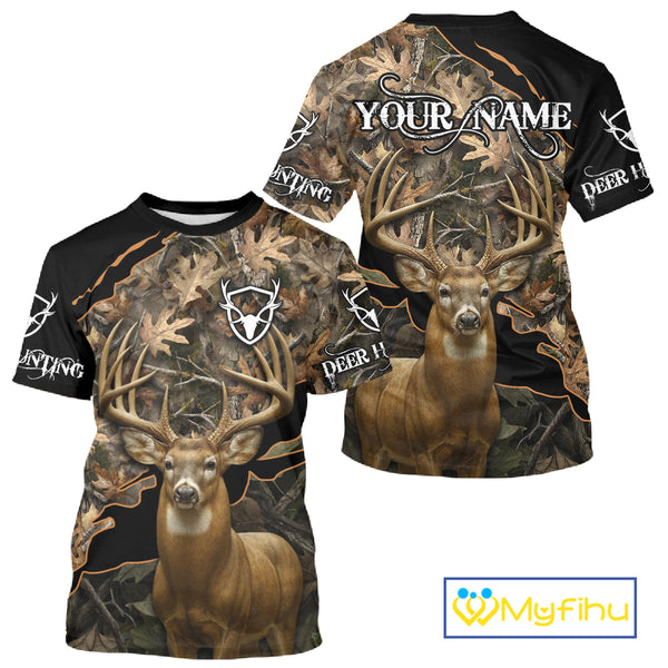 Whitetail Deer Hunting Hoodie, Longsleeves Shirt – Brown Camo Custom Name for Big Game Hunters NBT270