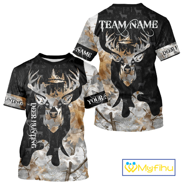 Snowfall Deer Hunting Hoodie, Longsleeves Shirt – Winter Camo Custom Name for Big Game Hunters NBT33