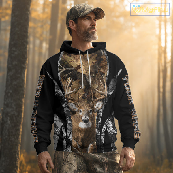 Whitetail Deer 3D All Over Printed Fall Season Camo Hoodie Custom Name Shirt NBT314