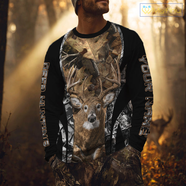 Whitetail Deer 3D All Over Printed Fall Season Camo Hoodie Custom Name Shirt NBT314