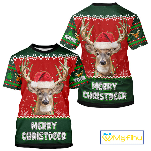 Funny Ugly Christmas Pattern Deer Hunting Custom Name 3D All Over Print Shirts Christmas Shirt NBT285