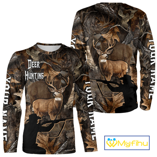 Personalized Whitetail Deer Hunting Brown Camo with Hunter 3D Print Custom Name Shirts, Hunting Gift NBT269
