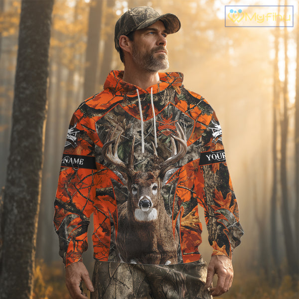 Whitetail Deer Hunting Orange Forest Camo 3D Printed Shirts, Hunting Hoodie Gift for Men NBT319