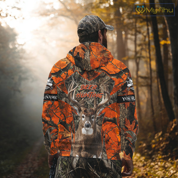 Whitetail Deer Hunting Orange Forest Camo 3D Printed Shirts, Hunting Hoodie Gift for Men NBT319