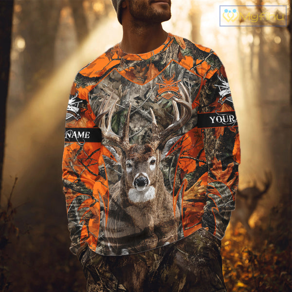 Whitetail Deer Hunting Orange Forest Camo 3D Printed Shirts, Hunting Hoodie Gift for Men NBT319