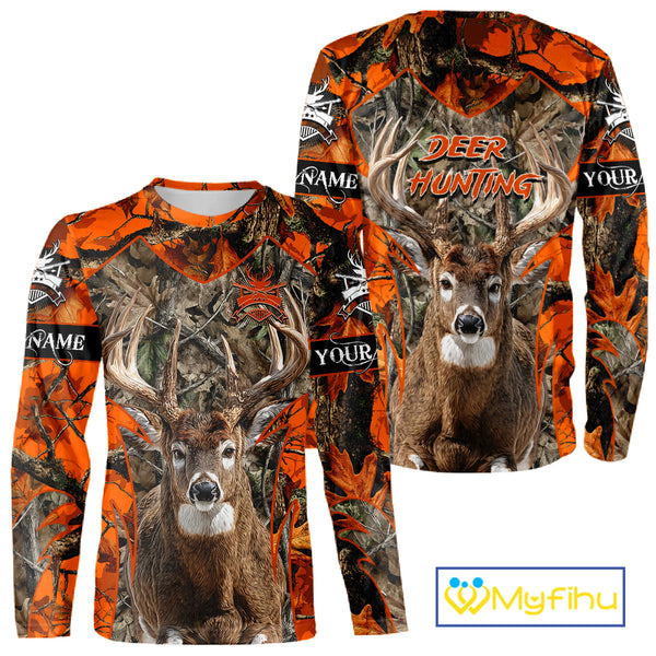 Whitetail Deer Hunting Orange Forest Camo 3D Printed Shirts, Hunting Hoodie Gift for Men NBT319