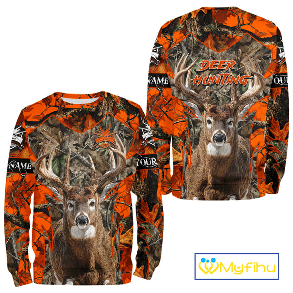Whitetail Deer Hunting Orange Forest Camo 3D Printed Shirts, Hunting Hoodie Gift for Men NBT319
