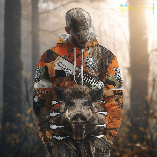 Wild Hog Hunting Orange Camouflage Custom Name Shirts, Personalized Boar Hunting Shirts NBT133