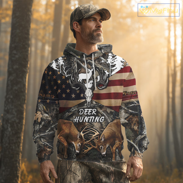 Custom Whitetail Deer Hunting Forest Camo Shirts with US Flag, Personalized Hunting Shirt NBT341