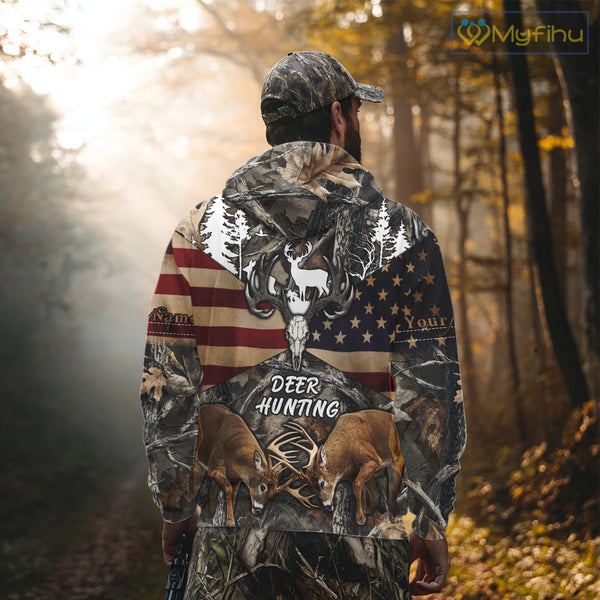 Custom Whitetail Deer Hunting Forest Camo Shirts with US Flag, Personalized Hunting Shirt NBT341