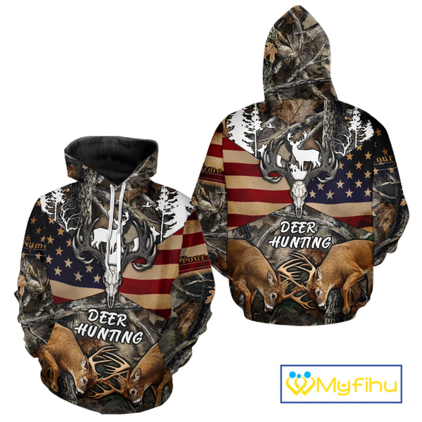 Custom Whitetail Deer Hunting Forest Camo Shirts with US Flag, Personalized Hunting Shirt NBT341