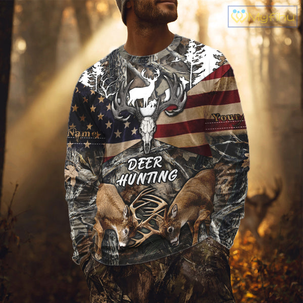 Custom Whitetail Deer Hunting Forest Camo Shirts with US Flag, Personalized Hunting Shirt NBT341