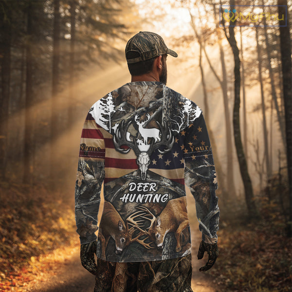 Custom Whitetail Deer Hunting Forest Camo Shirts with US Flag, Personalized Hunting Shirt NBT341