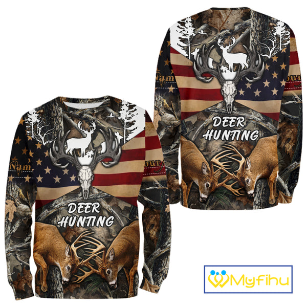Custom Whitetail Deer Hunting Forest Camo Shirts with US Flag, Personalized Hunting Shirt NBT341