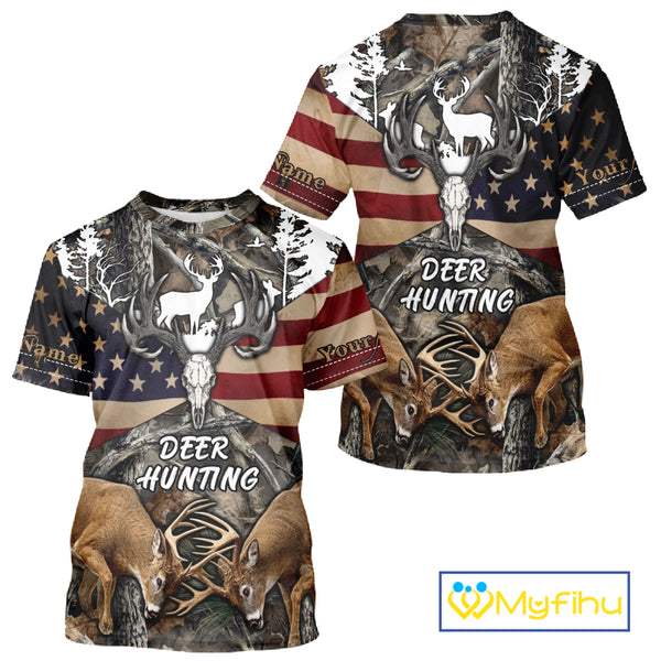 Custom Whitetail Deer Hunting Forest Camo Shirts with US Flag, Personalized Hunting Shirt NBT341