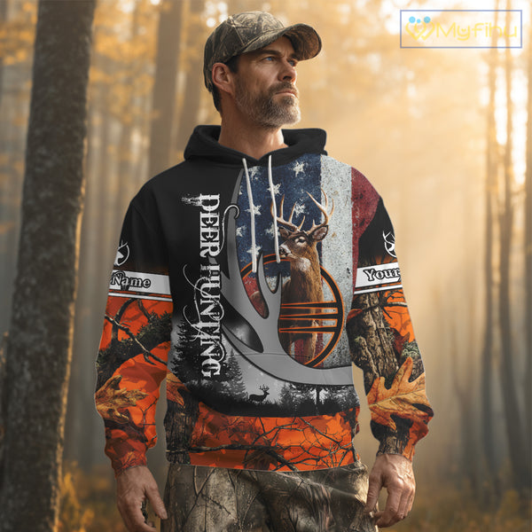 Whitetail Deer Hunting Shirt Custom Name Orange Camo, Deer Hunting Clothes For Men NBT268