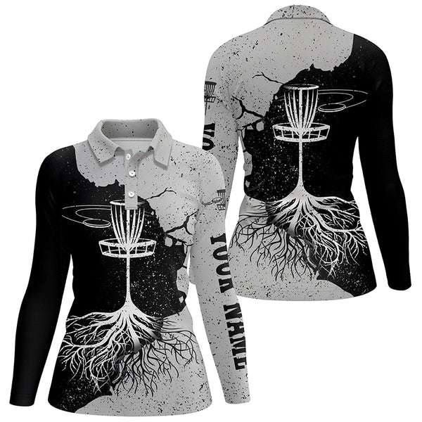 Womens Disc Golf Polo Shirt Custom Name Black & Grey Disc Golf Basket, Disc Golf Shirts For Women LDT0060