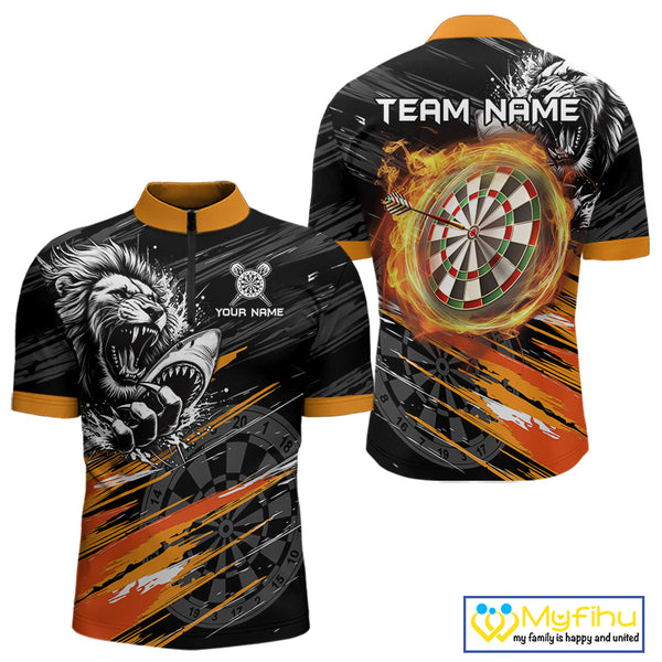 Orange And Black Grunge Lion And Shark Dart Shirts Custom Men's Dart Jersey Polo & Quarter Zip TDM3847
