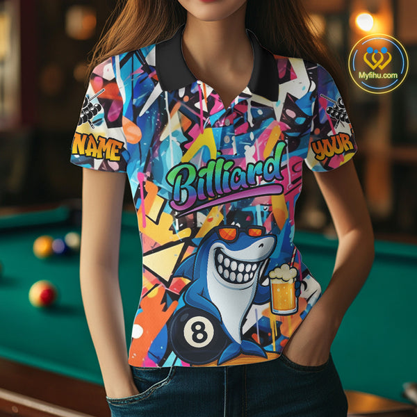 Funny Shark Colorful Graffiti Style Custom 8 Ball Billiard Shirt For Women Best Billiard Team Jersey TDM3850