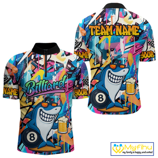 Funny Shark Colorful Graffiti Style Custom 8 Ball Billiard Shirt For Men Best Billiard Team Jersey TDM3850