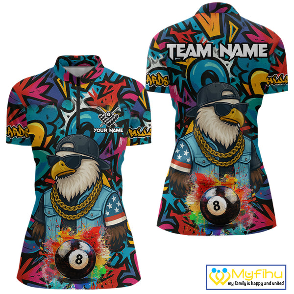 Funny Eagle Colorful Graffiti 8 Ball Billiard Shirt For Women Custom Billiard Jersey Pool Team Shirts TDM3854