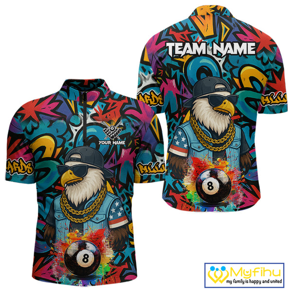 Funny Eagle Colorful Graffiti 8 Ball Billiard Shirt For Men Custom Billiard Jersey Pool Team Shirts TDM3854