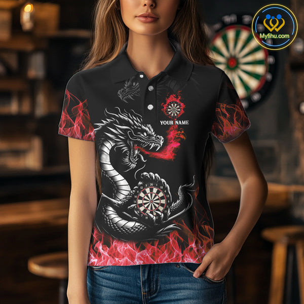 Personalized Red Flaming Dragon Dart Shirts For Women Custom Darts Team Jerseys Polo & Quarter Zip TDM4310